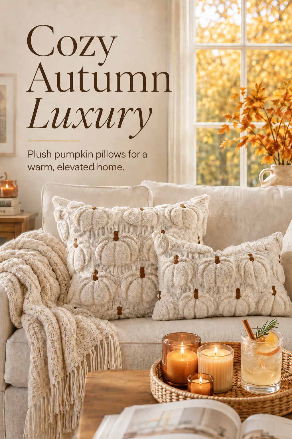 Cream embroidered pumpkin pillow covers on a sofa for fall home decor