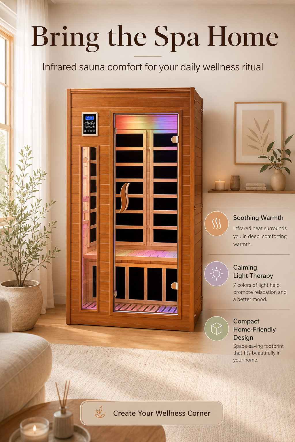 Wood infrared sauna in a calm home spa setting