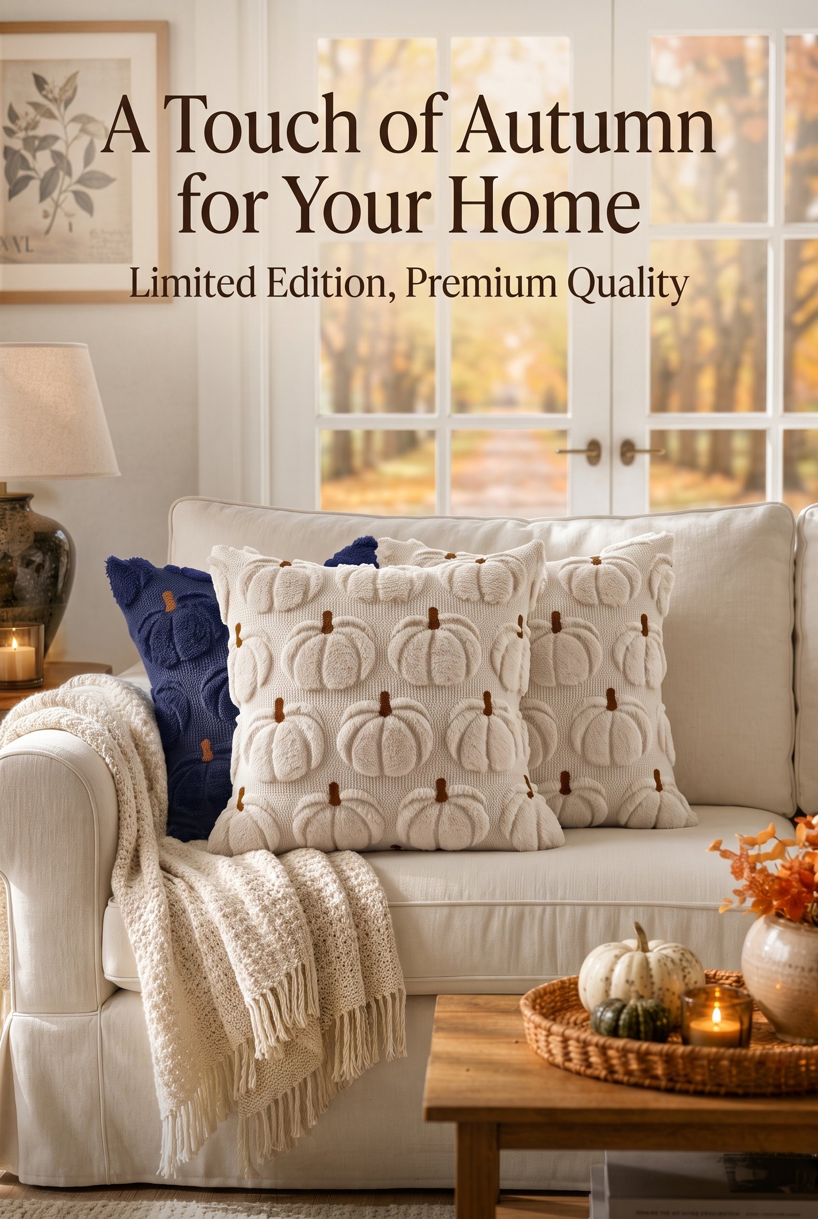 Cream embroidered pumpkin pillow covers styled on a sofa for autumn home decor