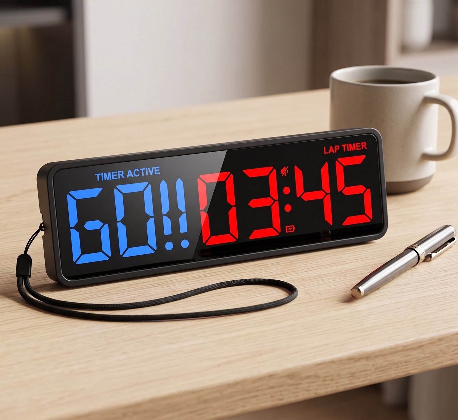 Large portable digital timer showing an active lap timer on a desk