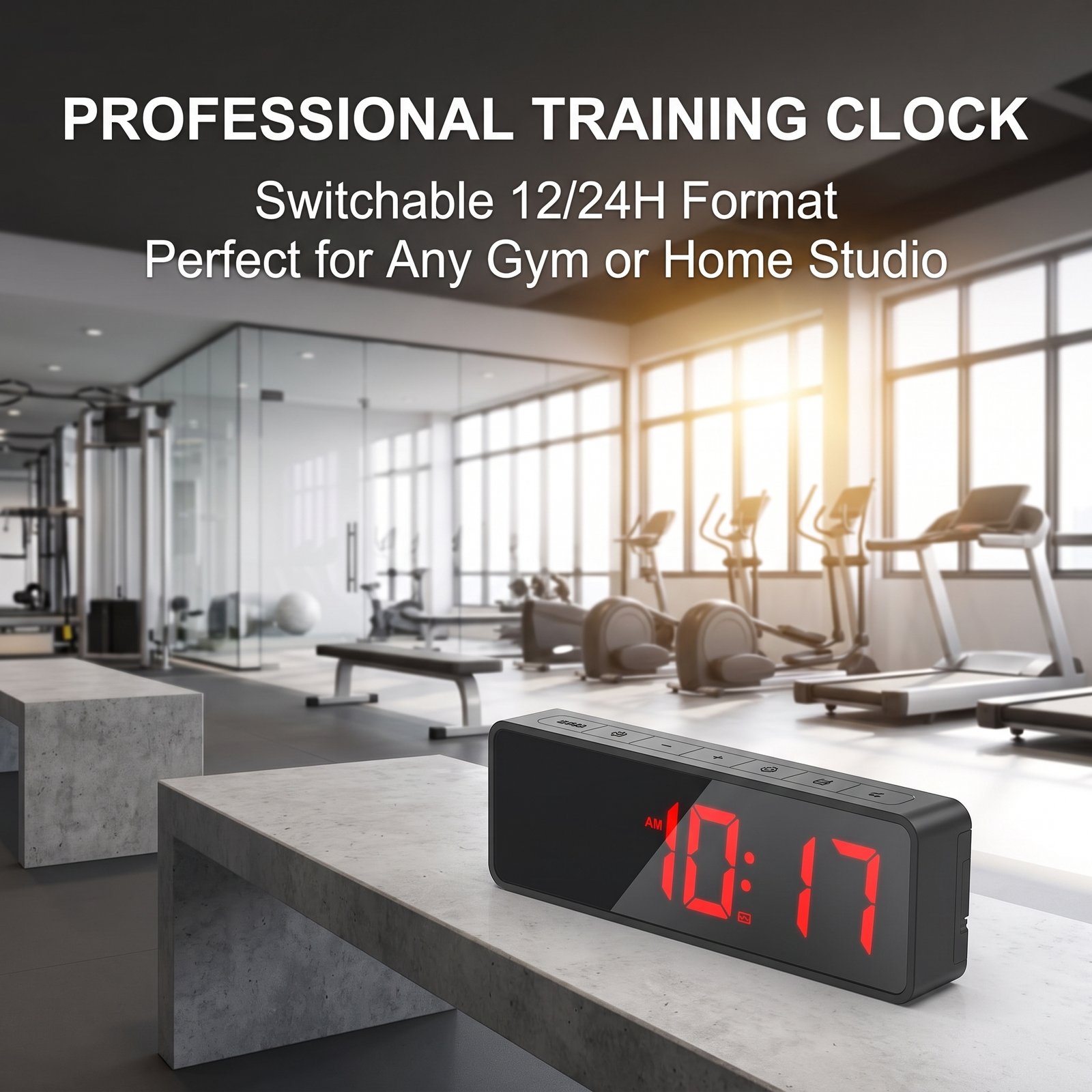 Digital workout timer displayed in a bright gym setting
